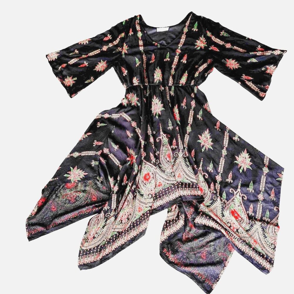 Lapogee Maxi Dress XL Black Floral V Neck Flare Sleeves Asymmetrical Hem Festive
